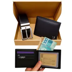 Kit Cinto Masculino 125/150 CM + Carteira Masculina de Couro Sintético Minimalista e Caixa Exclusiva