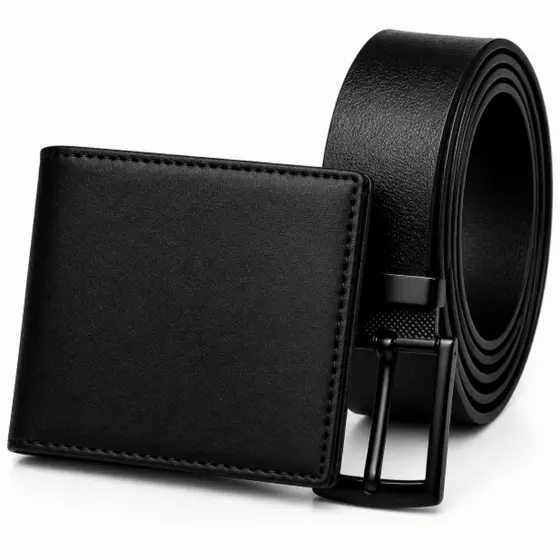 Kit Carteira Masculina Couro P.U Lisa + Cinto Couro Montana Fivela Preta