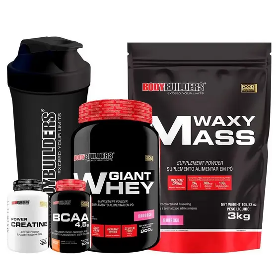 Kit 1Giant Whey Protein 900g + BCAA 100g + Creatina 300g + Waxy Mass 3kg + Shaker - Bodybuilders