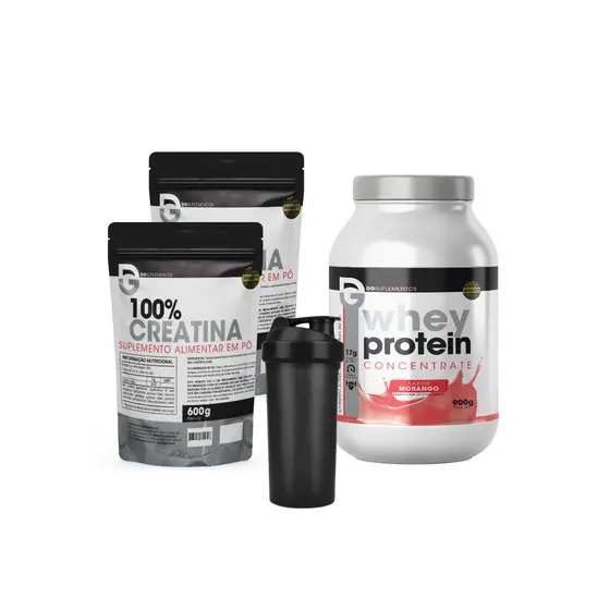Kit Whey Protein Concentrate 900g + 2x 100% Creatina 600g Pura + Coqueleira 600ml - DG Labs #
