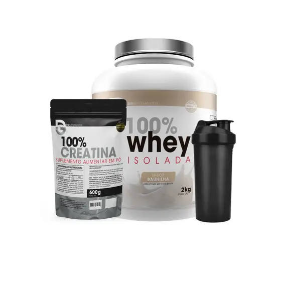 Kit Whey Protein 100% Isolada 2kg + 100% Creatina Pura 600g + Coqueteleira - DG Labs
