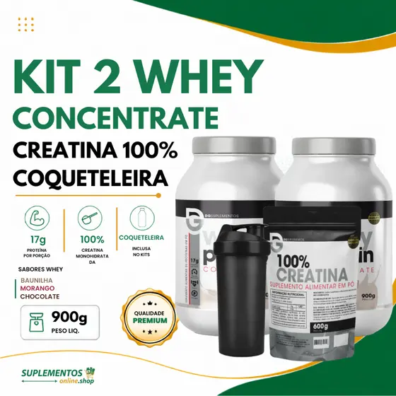 Kit 2x Whey Protein Concentrate 900g + Creatina 600g + Coqueteleira - DG Labs