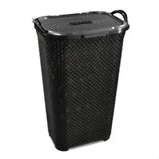 Cesto Rattan 50L com Tampa Basculante Preto Plástico Resistente para Lixo ou Roupa