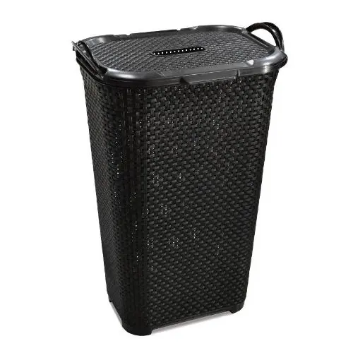 Cesto Rattan 50L com Tampa Basculada Preto Plástico Resistente para Roupa Organize Sua Casa