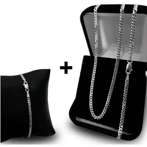 Kit Cordão + Pulseira Grumet 4 mm a Prata 925 LEGITIMA