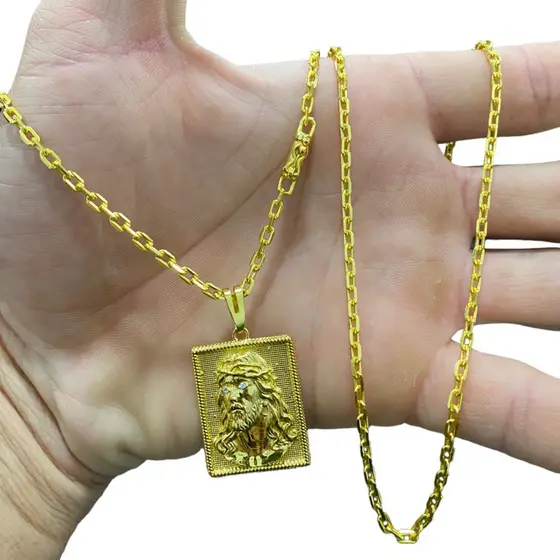 Cordão Cadeado 3MM Liga De Moeda Antiga Banhado A Ouro 18K Pingente placa Jesus