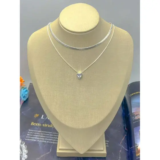 KIT 2 Choker Colar Laminado + Colar Com coração Ponto De Luz banhado a prata 925