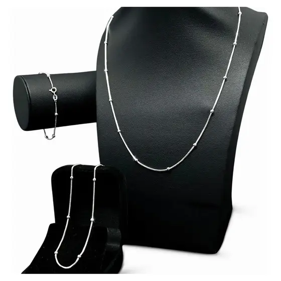 Kit Trio Prata 925 Tornozeleira Pulseira Colar Bolinhas Elo Diâmetro 45 cm Prata 925 Legitimo