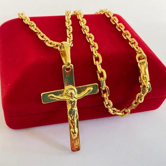 Corrente Cordão Moeda Antiga Banhado a Ouro 18k 3,5 mm/70 Cm+ Pingente Crucifixo (1 ano de garantia)