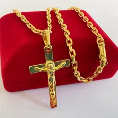 Corrente Cordão Moeda Antiga Banhado a Ouro 18k 3,5 mm/70 Cm+ Pingente Crucifixo (1 ano de garantia)