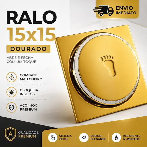 Ralo Click Dourado 15x15cm para Banheiro