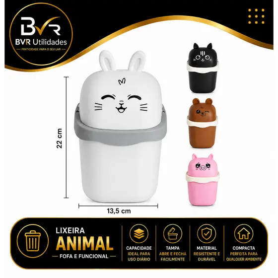 Mini Lixeira Infantil 1,5L com Tampa – Lixeira de Mesa Bichinho Decorativa para Cozinha e Escritório