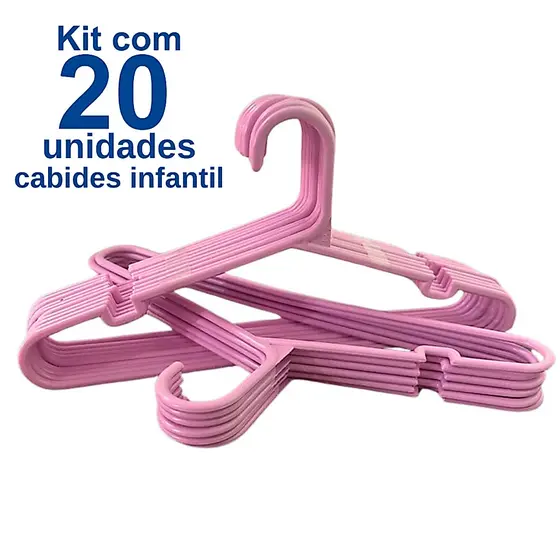 Kit 20 Unidades de Cabide Infantil Rosa Reforçado para Roupas de Criança e Bebê