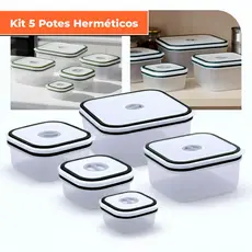 Kit 5 Potes Completo Cozinha Herméticos Empilháveis Trava Segurança Reforçada 100% Vedado Plástico