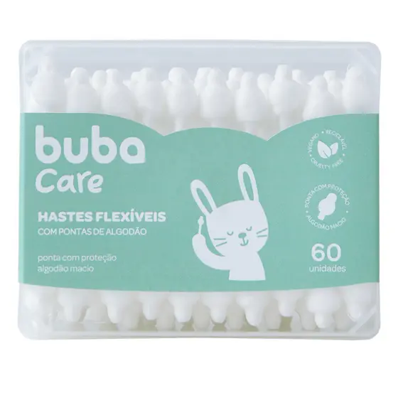 Cotonetes Hastes Flexíveis Buba Bebê Ponta Proteção 100% atóxico Kit com 60 unid