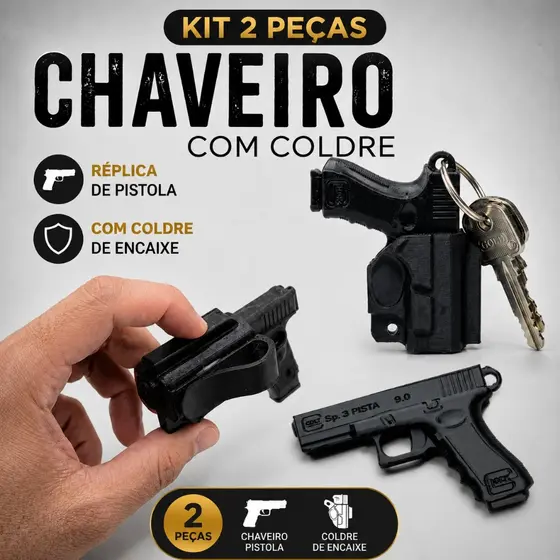 1 ou Kit 2 Chaveiro Miniatura Realista Com Coldre Tatico e Presilha Para Cinto Porta Chaves