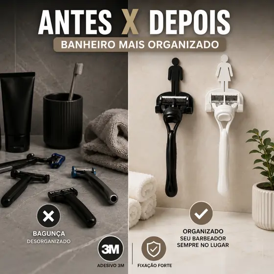 Kit 2 Suporte Gillette Parede Fita 3M Porta Barbeador Kit Organizador Banheiro Dele e Dela Sem Furo