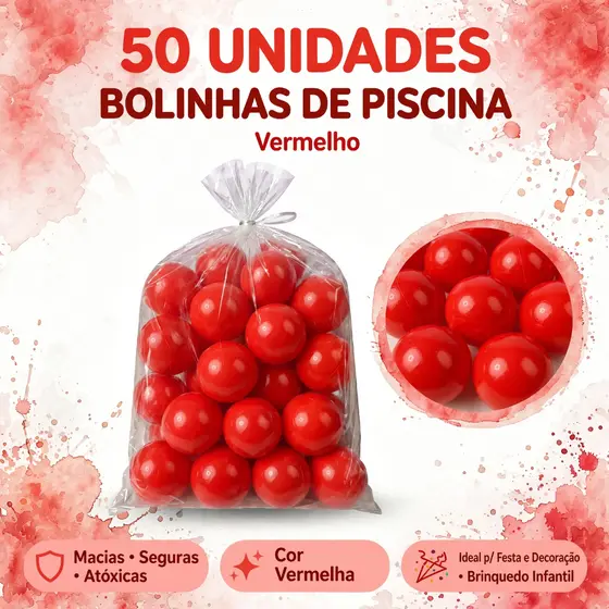 50 Bolinhas de Piscina Vermelhas 71mm Infantil Brinquedo Decoração