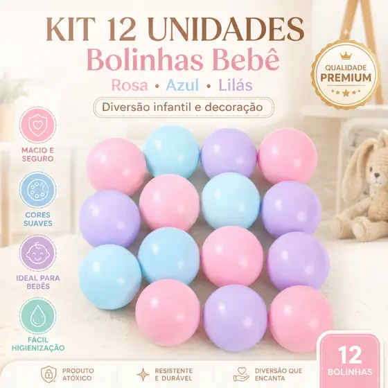 12 Bolinhas de Piscina Infantil Rosa Azul Lilás Brinquedo Bebê