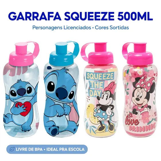 Garrafa Squeeze Infantil Personagens 550ml Plástico BPA Free Cores Sortidas