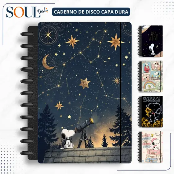 CADERNO INTELIGENTE  DE DISCO SNOOPY - MINI, P, M, G e (G de 10 MATÉRIAS)