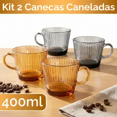 Conjunto Kit Jogo 2 Canecas Xícara Canelada De Vidro 400ml Chá Café