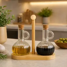Conjunto de 2 Galheteiro de Vidro Base Madeira Cozinha Kit Restaurante Buffet Decoração Azeite