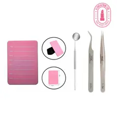 Placa de mão para cilios + espelho de inox + kit de duas pinças