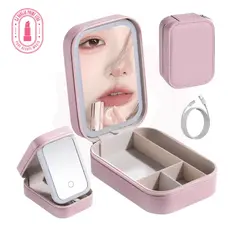 Bolsa Portátil Com Espelho LED para Maquiagem e Acessórios na cor Rosa