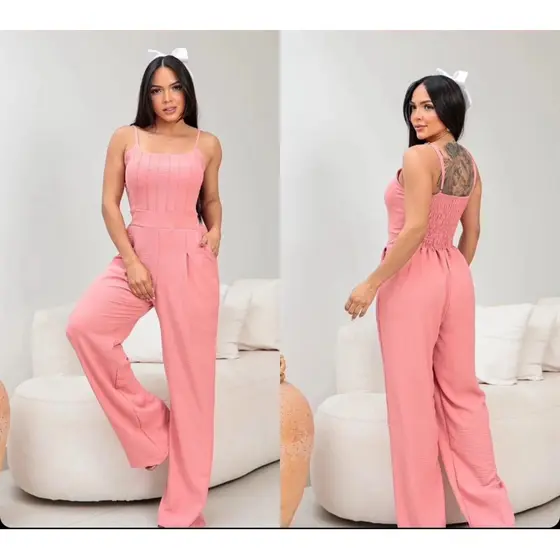 Macacão Feminino Longo Pantalona com Bolso Lastex nas Costas Alça Fina Confortável Elegante
