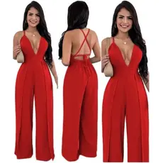 Macacão Feminino Pantalona Decote V Profundo Costas Abertas Elegante Festa