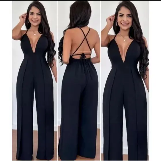 Macacão Feminino Envelope Pantalona decote V e fendas nas pernas