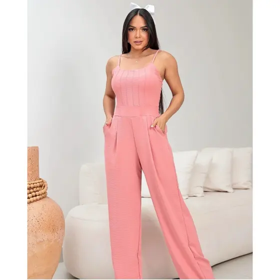 Macacão Feminino Pantalona Alça Fina com Bolso Tecido Leve e Confortável
