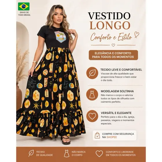 Vestido Longo Feminino Viscose | Confortável Não Marca | Modelagem Soltinha Elegante Casual