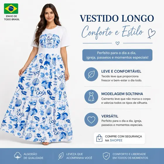 Vestido Longo Estampado Feminino | Modelagem Solta Confortável + Caimento Perfeito | Look Casual Elegante