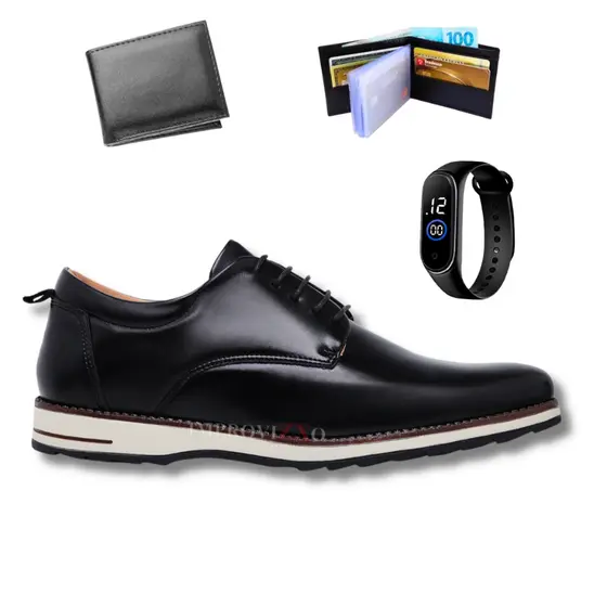Kit Sapato Social Masculino Oxford Acessórios Carteira e Relógio Para Eventos Trabalho e Casual