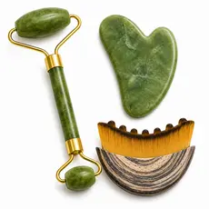 Kit Massagem Facial Premium com Rolo de Jade Verde, Pedra Gua Sha e Escova para Drenagem Linfática