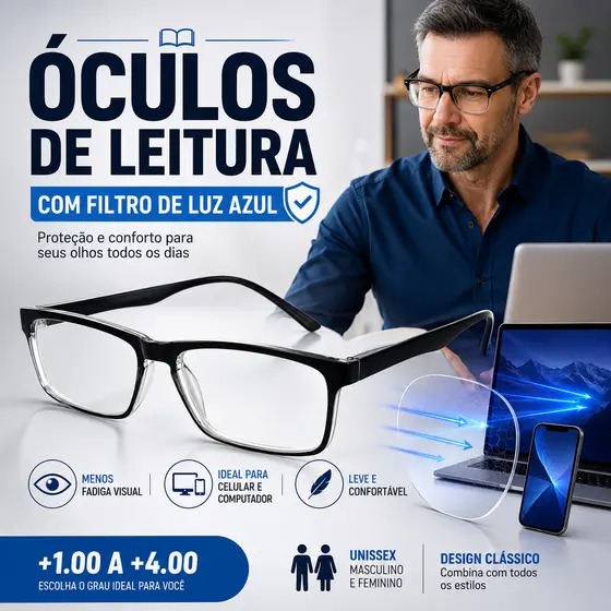 Óculos de Leitura Anti Luz Azul para Leitura Celular e Computador +1.00 a +4.00