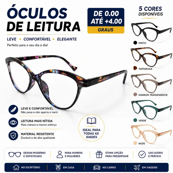 Óculos De Leitura Sem Grau Até +3.50 Feminino Grau P/ Presbiopia
