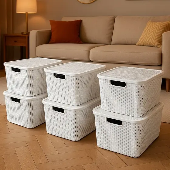 Kit 2/4/6 Caixas Organizadora Rattan 7 Litros Branco - Cesto Armazenamento Guarda Organiza a Casa