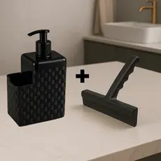 Kit Porta Detergente e Sabonete Líquido + Rodinho De Pia Preto Luxo Rattan Cozinha Banheiro