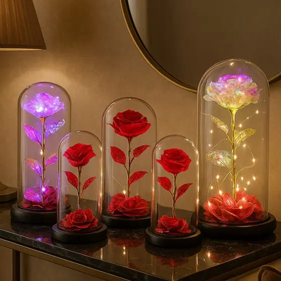 Luminaria Flor Cupula Vidro A Bela e a Fera Rosa Eterna Encantada Presente Dia dos Namorados O Pequeno Principe com LED