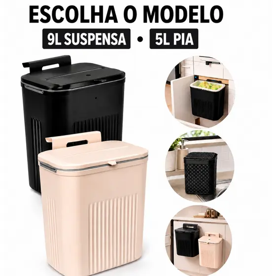 Lixeira Suspensa com Suporte Adesivo e Alça de Pendular 9 Litros Com Tampa Cozinha Sala Banheiro
