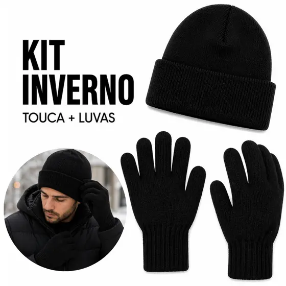 Touca Com Luva De Frio Básica Lã Gorro Liso Preta Toca Adulto Inverno Unissex Masculina Feminina