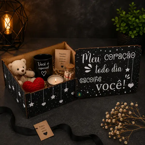 Caixa Organizadora MDF com Tampa Presente Meu coração todo dia escolhe você 23x17x9 Cm