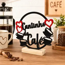 Cantinho do Café Placa Decorativa MDF Base de Pinus Enfeite Mesa Cozinha Gourmet Corações e xícaras