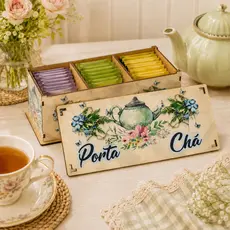 Porta Chá Sachês MDF 3 Divisórias Floral Bule Tampa Encaixada Caixa Organizadora Cozinha 25cm