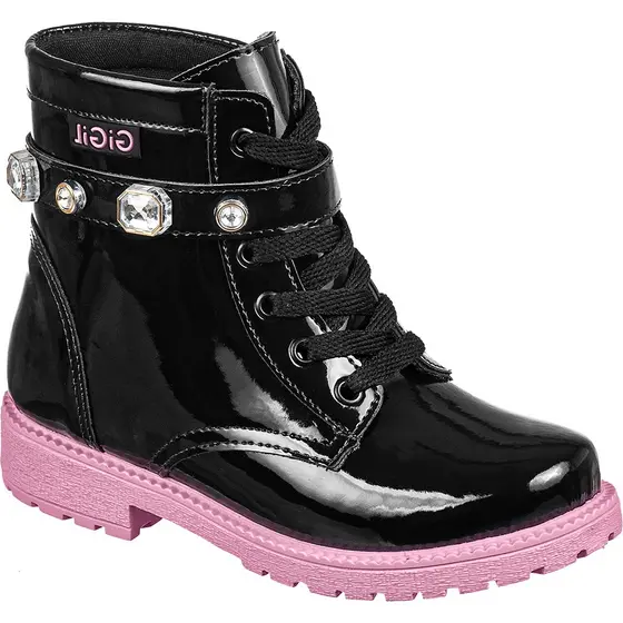 Bota Montaria GiGiL Teen Infantil Coturno Sola Colorida Rosa Menina Cano Curto Tira Strass Confortável Moda Atual