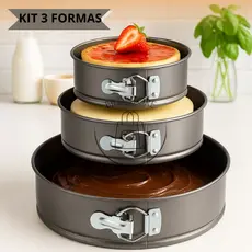 Kit 3 Formas com Fundo Removível Antiaderente Torta Bolos Sobremesas Gourmet Assadeira Confeitaria