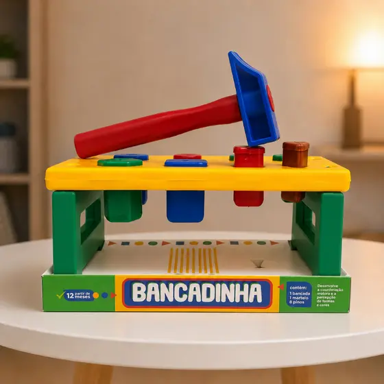 Brinquedo Psicopedagógico para montar modelo Bancadinha com Martelo e Figuras Geométricas